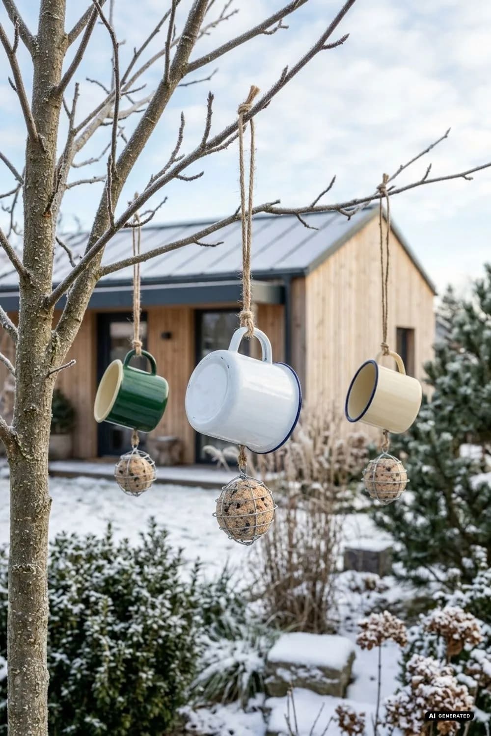 Hängende Emaille-Tassen für Meisenknödel – 14 Ideen mit Zink & Emaille für winterliche Gartendeko