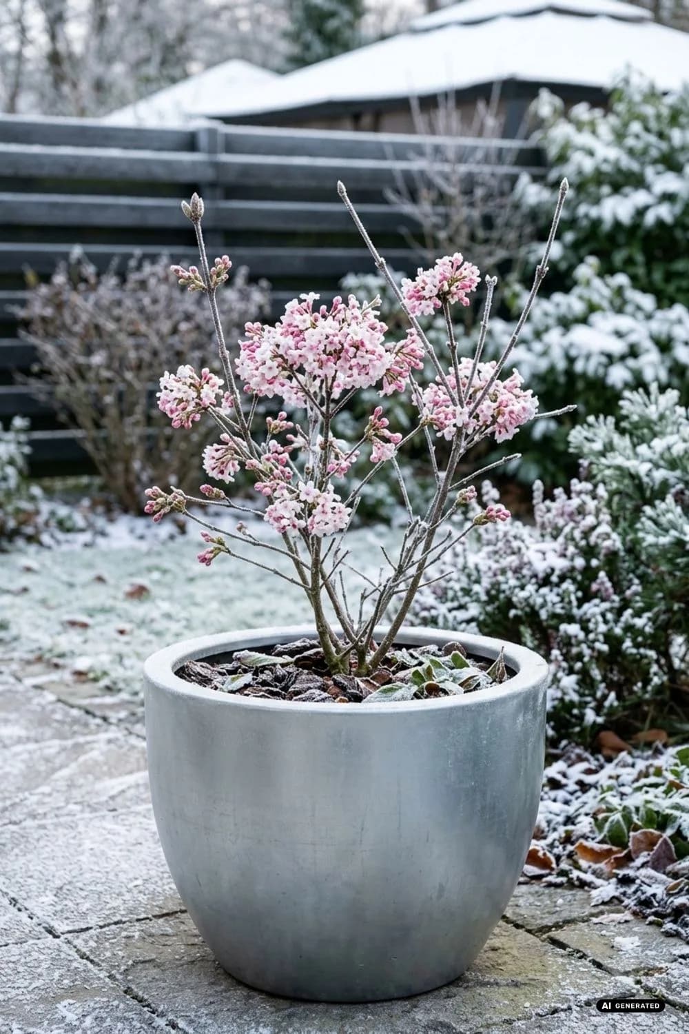 Winterblühender Schneeball im großen Zinktopf – 14 Ideen mit Zink & Emaille für winterliche Gartendeko