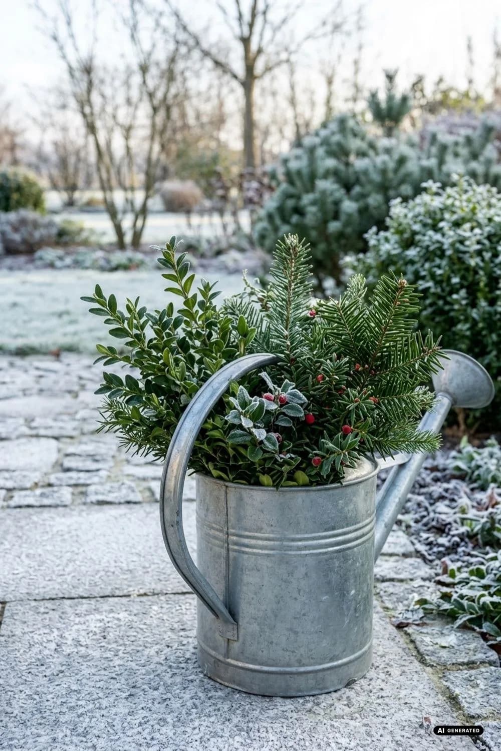Zink-Gießkanne gefüllt mit Immergrünem – 14 Ideen mit Zink & Emaille für winterliche Gartendeko