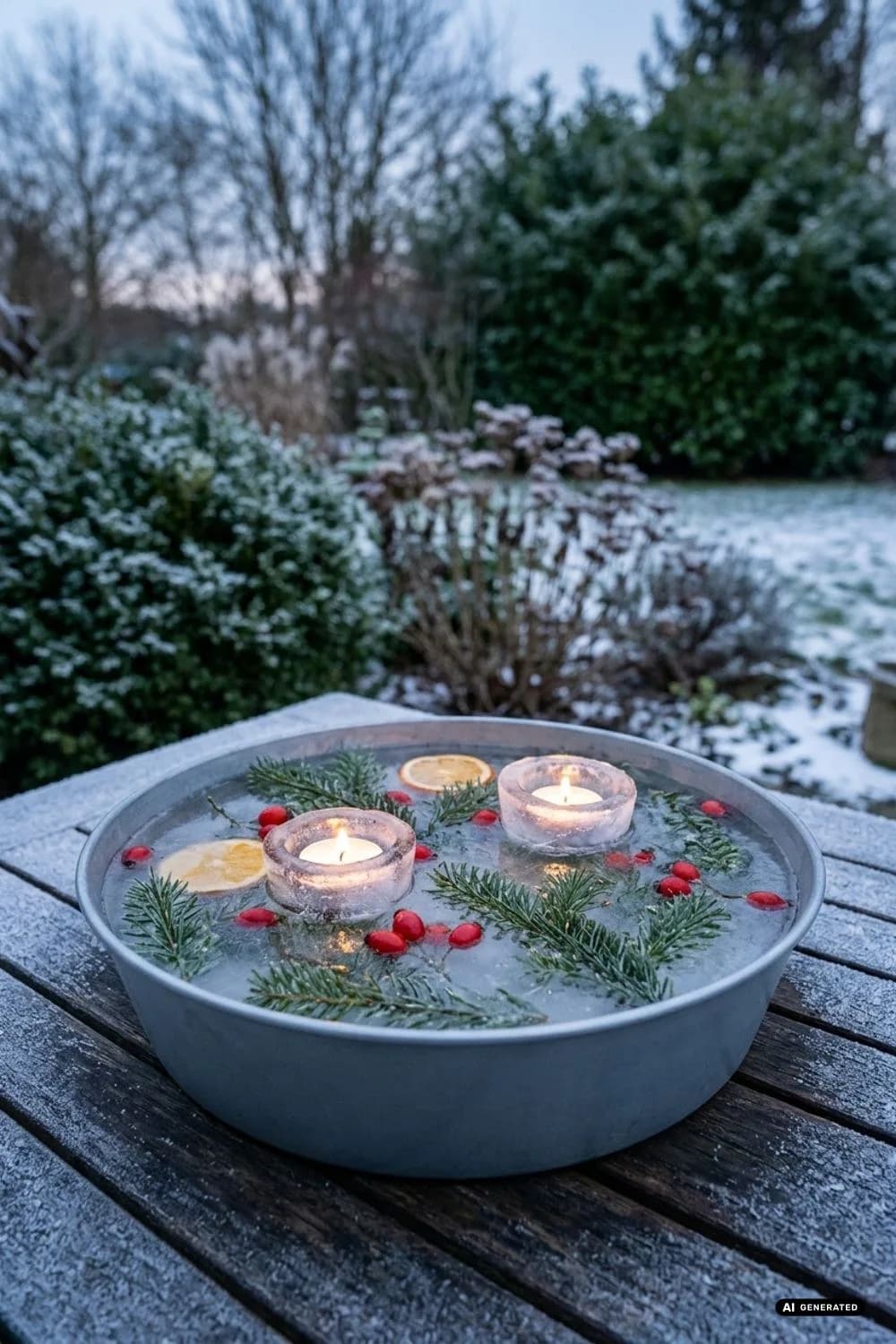 Zink-Schale mit Wasser und Eislaternen – 14 Ideen mit Zink & Emaille für winterliche Gartendeko