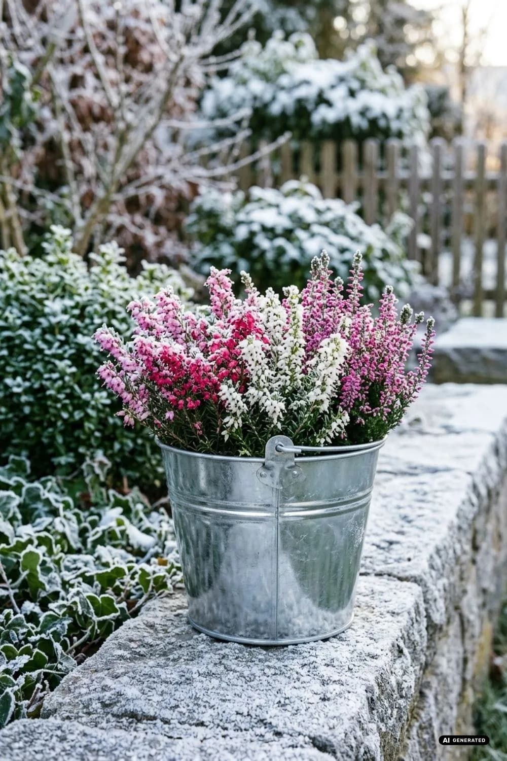 Zinkeimer bepflanzt mit Winterheide – 14 Ideen mit Zink & Emaille für winterliche Gartendeko