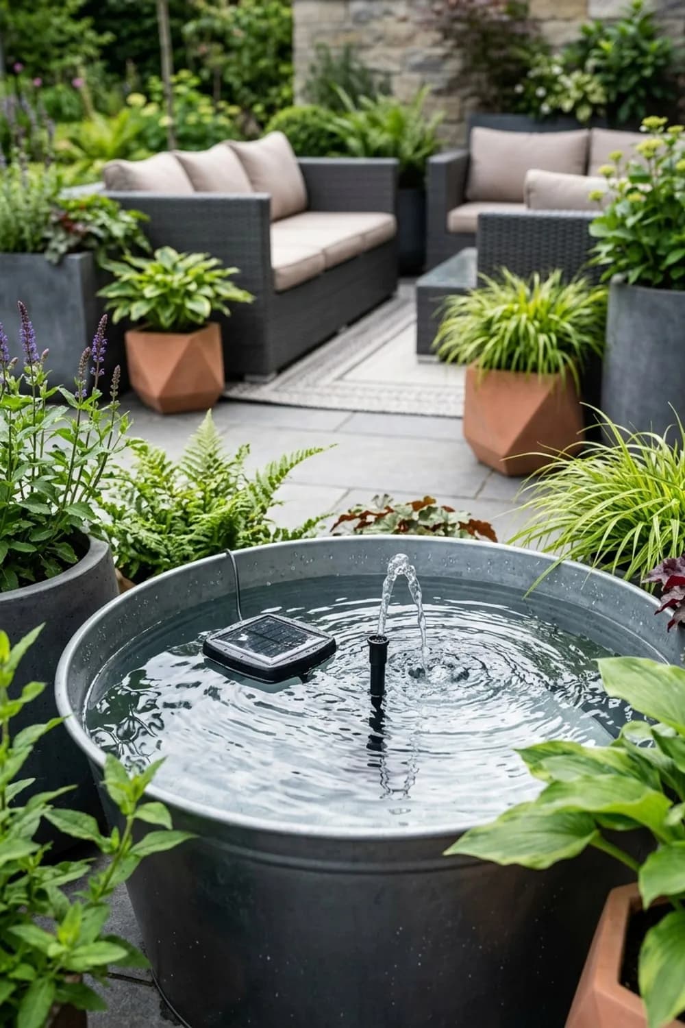 Ein Wasserspiel mit Solarpumpe: Sanftes Plätschern – Zinkwanne dekorieren im Garten: 10 schöne Ideen